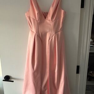 House of CB Peach Satin Pleated Midi Dress.